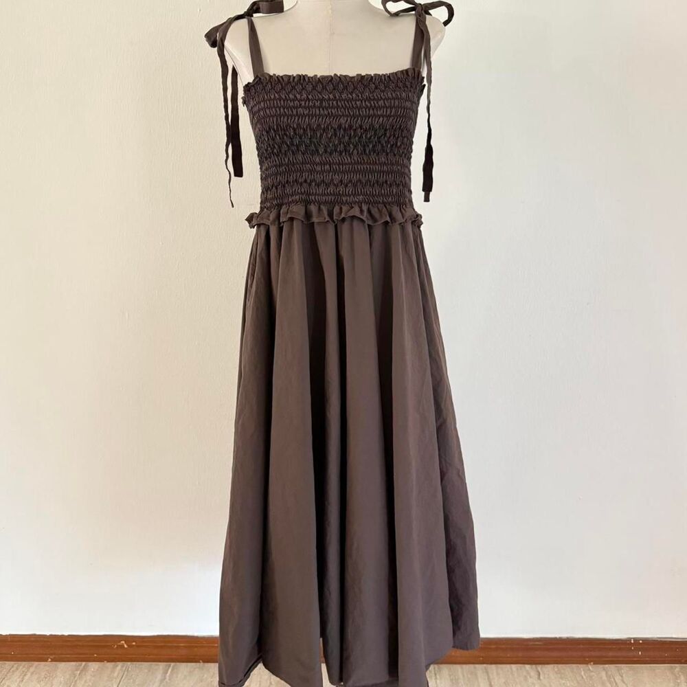 Miemiej Italian Cotton Brown Smocked Bodice tie Straps ruffle Midi Dress Sz M